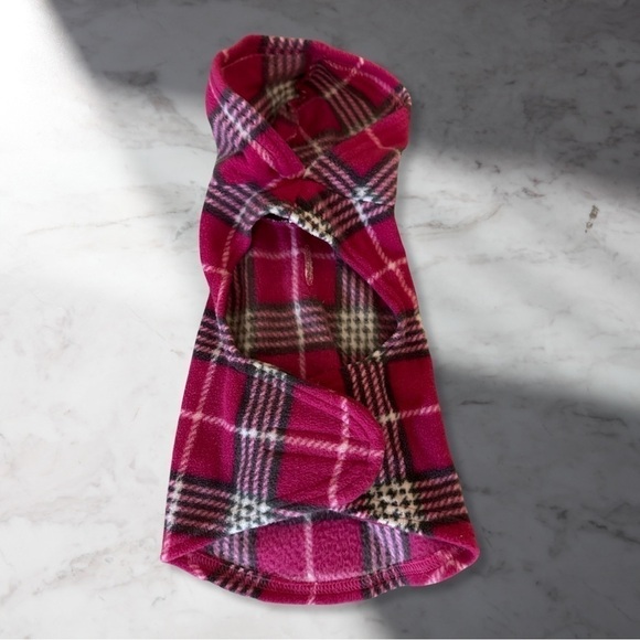 EUC XXS Dog Plaid Fleece Hoodie In Pink Velcro Closure Under Belly - Picture 2 of 5